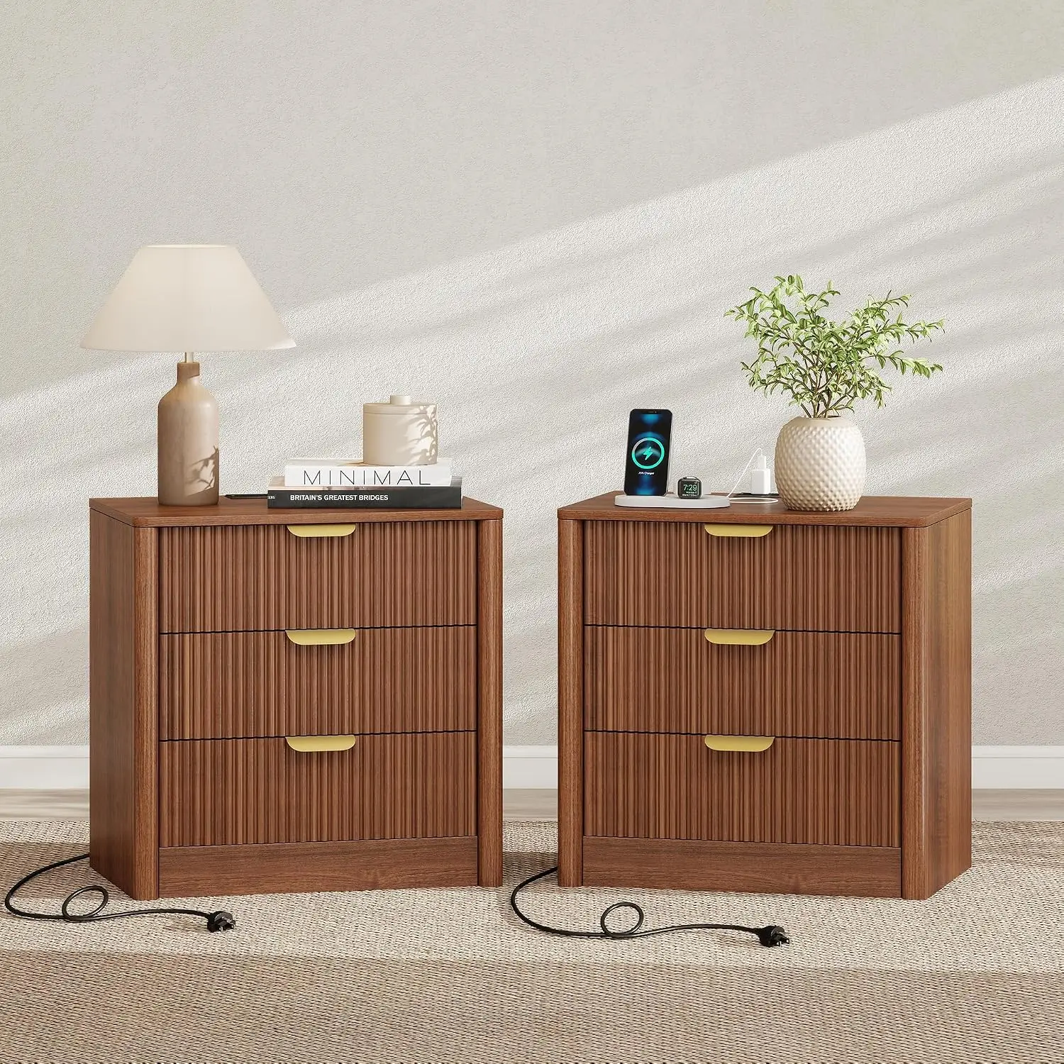 Walnut Nightstand Set of 2 with Charging Station, Modern Bedside Table with Curved Profile, Wooden End Table, Customized