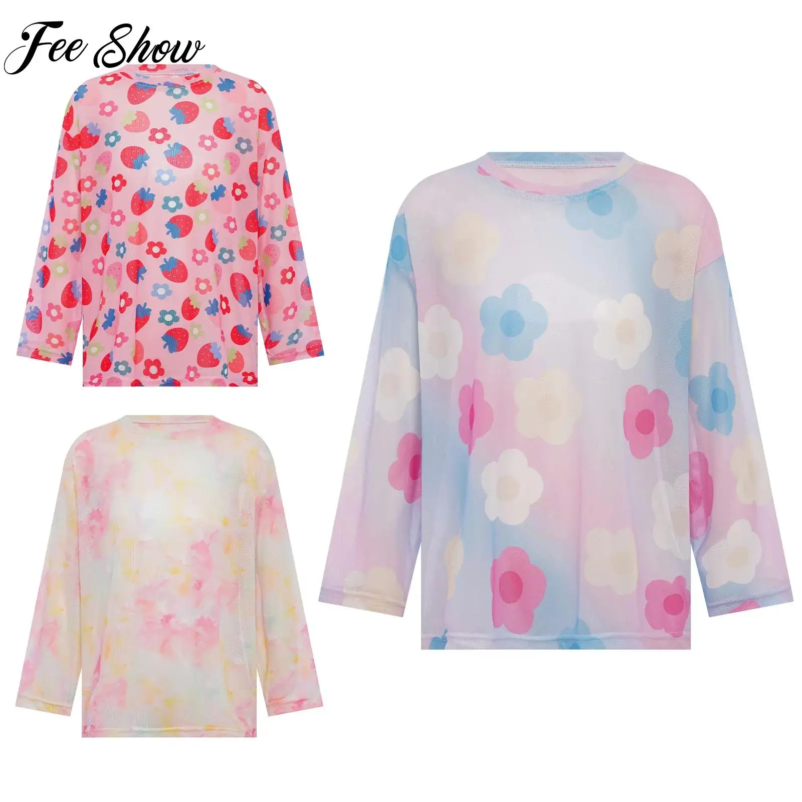 Kids Sportswear Girls Breathable Sports Tops See-Through Mesh Top Long Sleeve Stylish Printed Sheer T-shirt for Vocation Beach