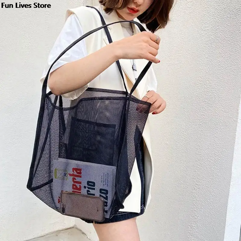 Bolso de mano de malla transparente para playa, bolsa de compras ligera de moda, bolso de hombro de almacenamiento para vacaciones al aire libre