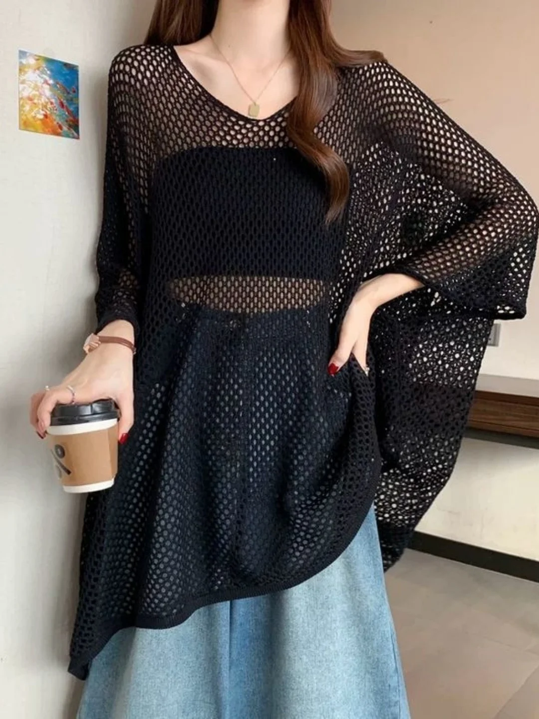 

Summer Thin Hollow Ice Silk Knitted Top Women's plus Size Nine Sleeve Mid-Length Loose Sun Protection Cover Trendy Korean Style