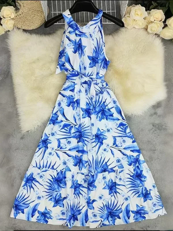 Casual High Waist Printed Svel Ne Hanging Dr Women's Loose Fit round Ne Gown Daily Wear Summer 2025 Polyester