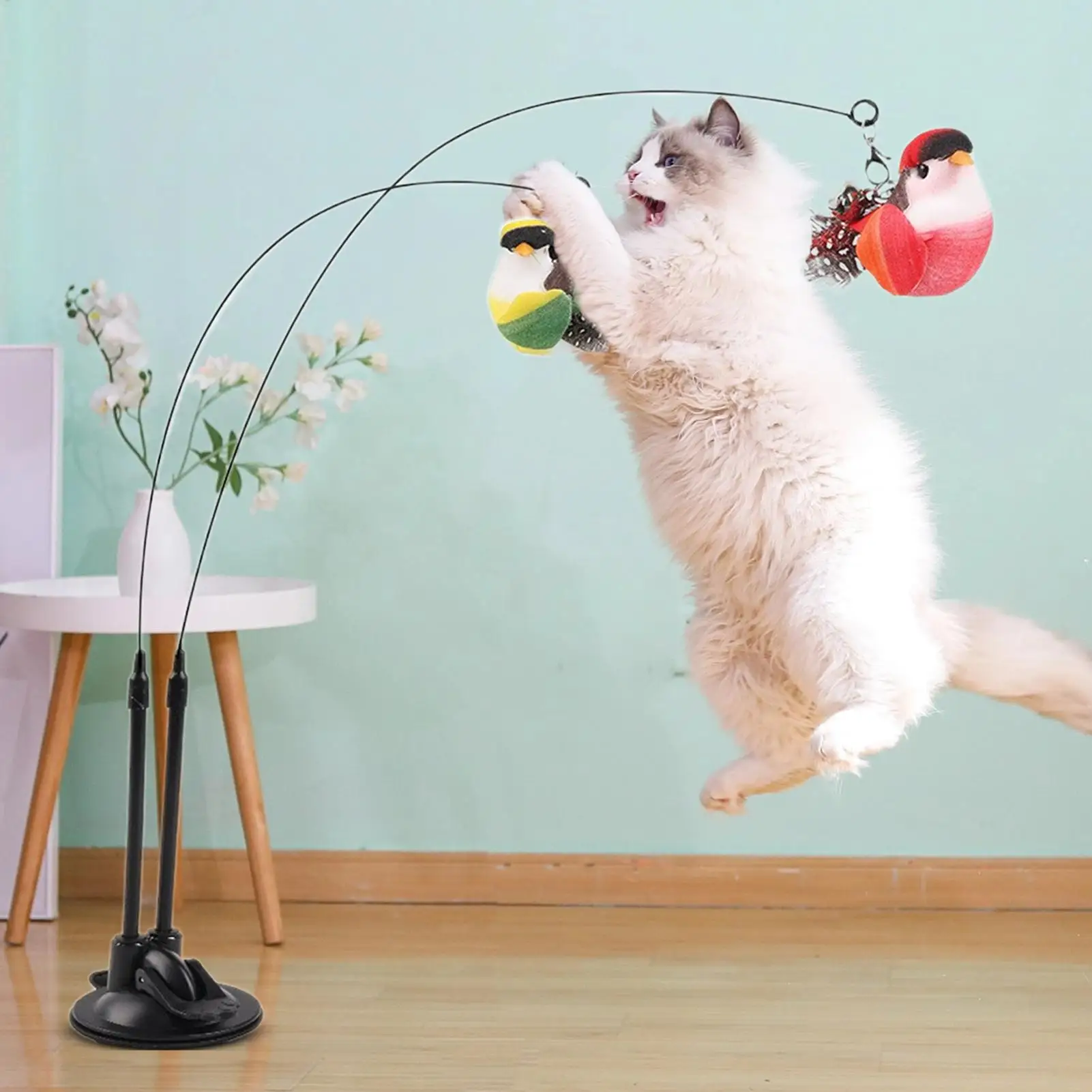Simulierter Vogel-Katzenspielstab mit Glocke, Saugnapf, Doppelstange, Katzenangel, langer Stab, 2 Vögel, zum Necken der Katze, Katzenspielzeug