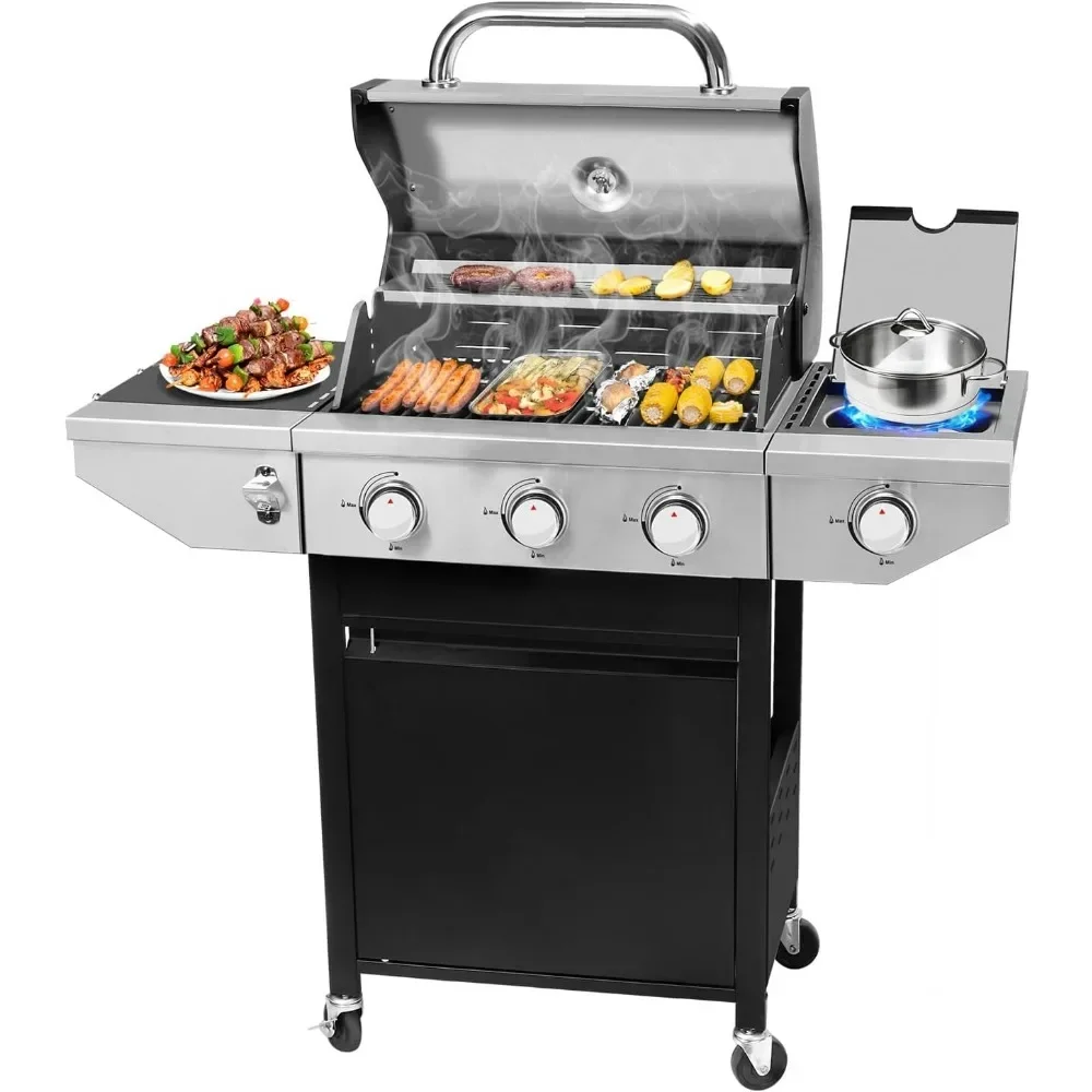 

3-Burner Propane Gas BBQ Grill with Side Burner Porcelain-Enameled Cast Iron Grates Built-in Thermometer Garden Barbecue Grill