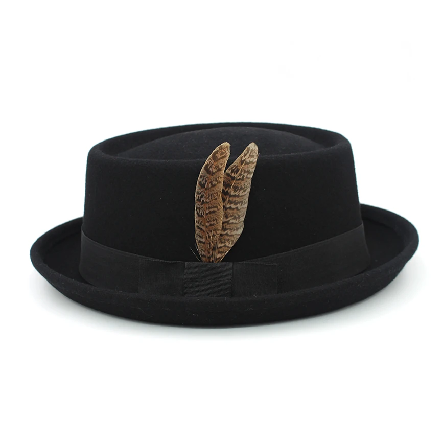 Men Women Wool 100% Pork Pie Hats Fedora Trilby Sunhat Street Style Classical Feather Band Cap Travel Outdoor Size US 7 1/4 UK L