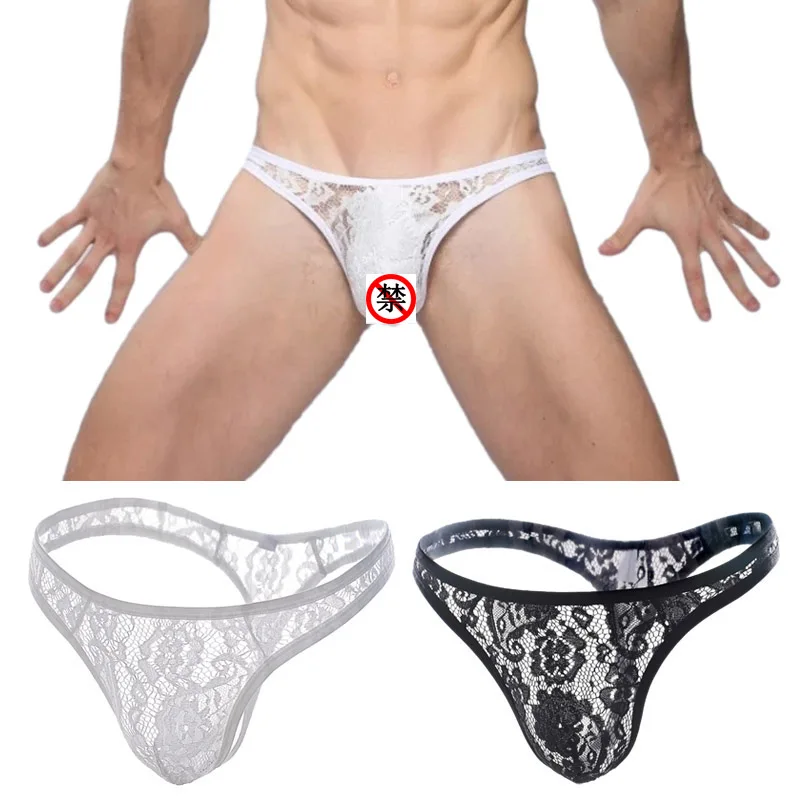 Mens Sexy See-Through Thong Big Pouch Panties Briefs Bulge Sexy Underwear Low Waist Briefs Gay Lace Underpants Erotic Lingerie