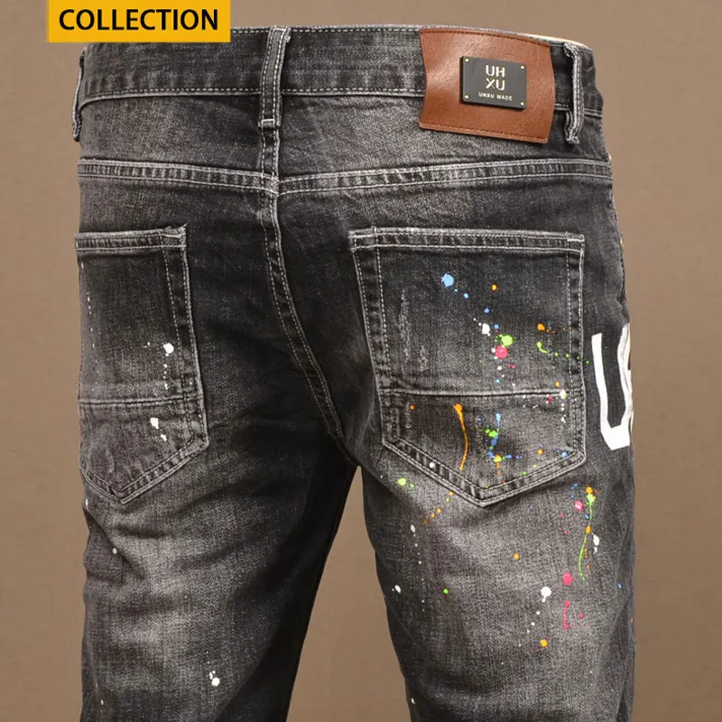 Street Fashion Men Jeans Retro Black Gray Stretch Slim Fit Printed Ripped Jeans Men Painted Designer Hip Hop Denim Pants Hombre