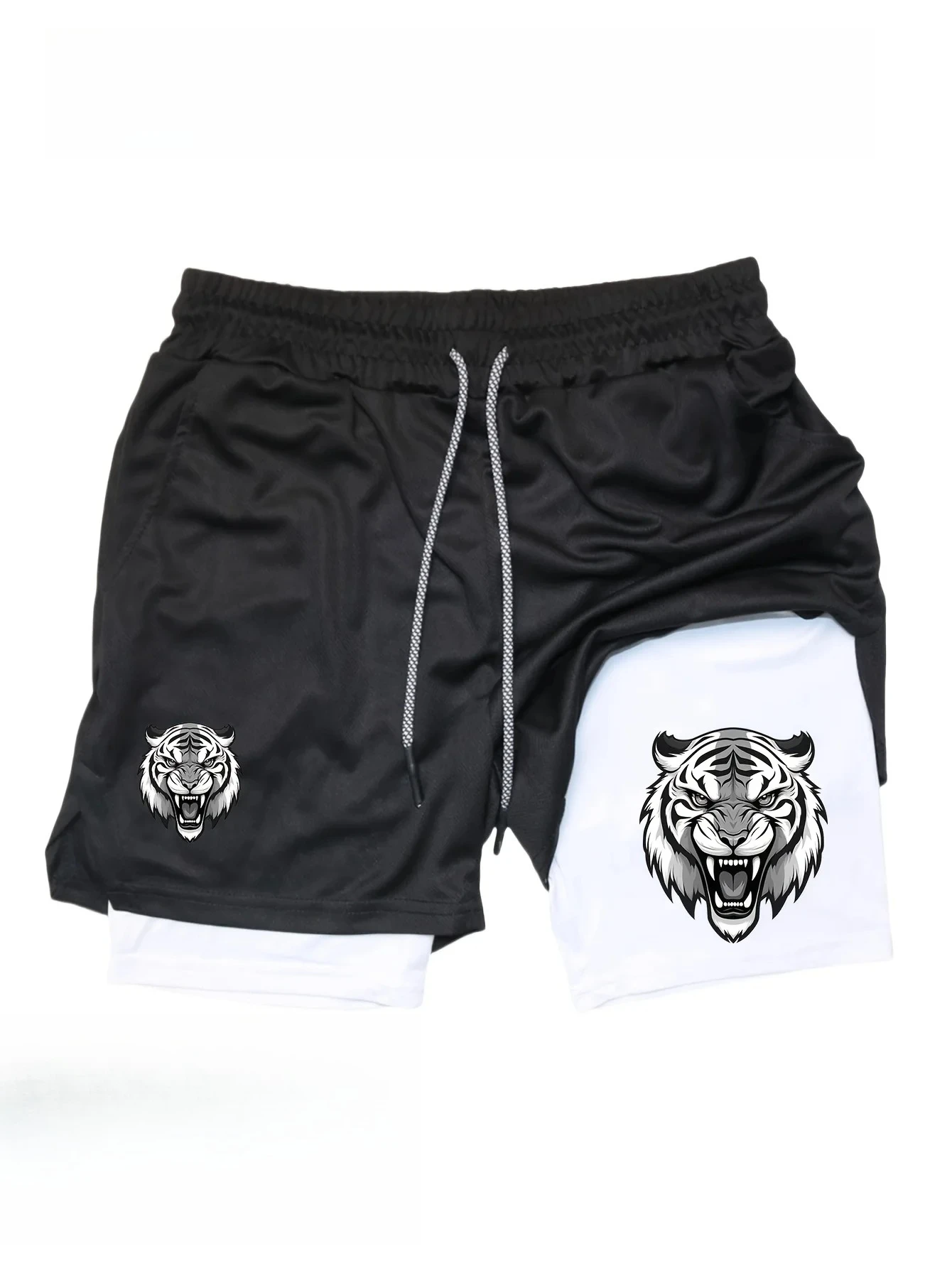 

Men's quick drying sports shorts with breathable mesh and elastic drawstring waistband, double layered 2-in-1 shorts
