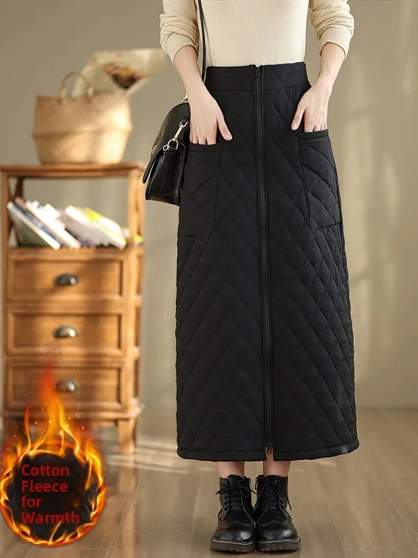

High Waist A-Line Skirt with Double kets And Diamond Pattern Thiened Cotton Warm Zipper Color plus Size Women's Skirt