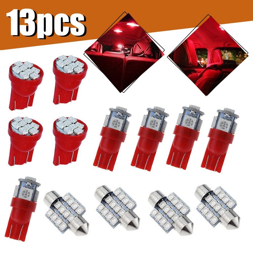 

13pcs/1set T10 Red Car Interior Lights LED Dome Map License Plate Light Lamp 12V Car Door Reading Lamp Universal Car Accessories