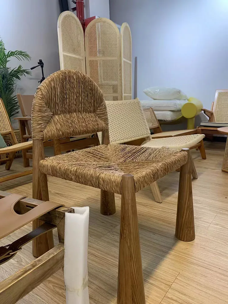 Nordic Solid Wood Coffee Chair,Living Room Furniture Handmade Rattan Weaving Backrest Chair,Retro Woodiness Dining Chairs