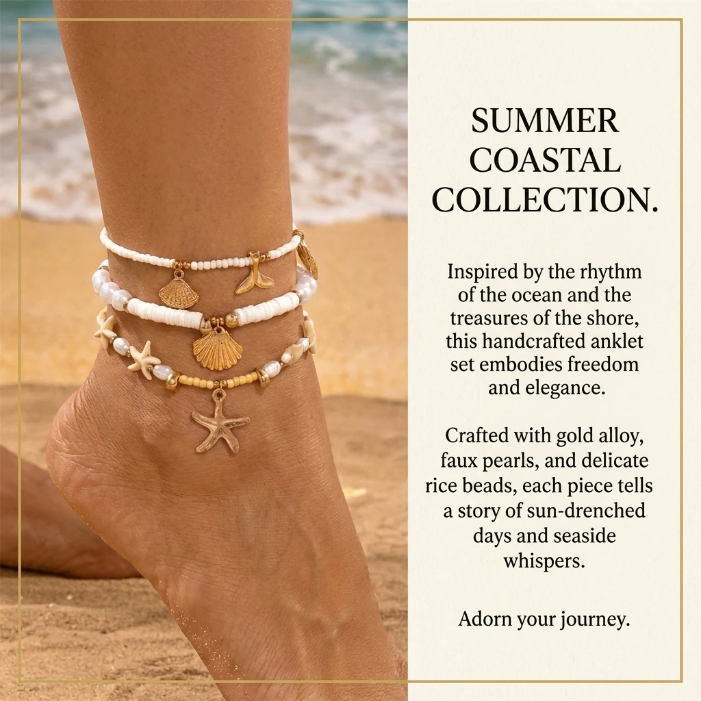 Boho Mehrlagiges Fußkettchen mit Seestern-, Walflossen- und Muschel-Imitat-Anhängern für Frauen, Kunstperlen und Perlen, Sommer-Strand-Ozean-Fußschmuck – Detail 1