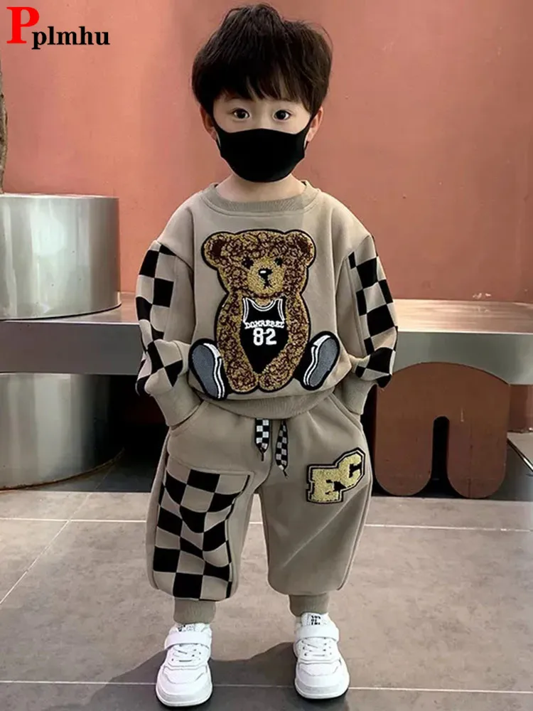 O-neck Patchwork Sweatshirts Kids Conjunto Print Bear Long Sleeve Tops + Boys 2 Piece Sets Children Lace Up Jogger Pants Outfit