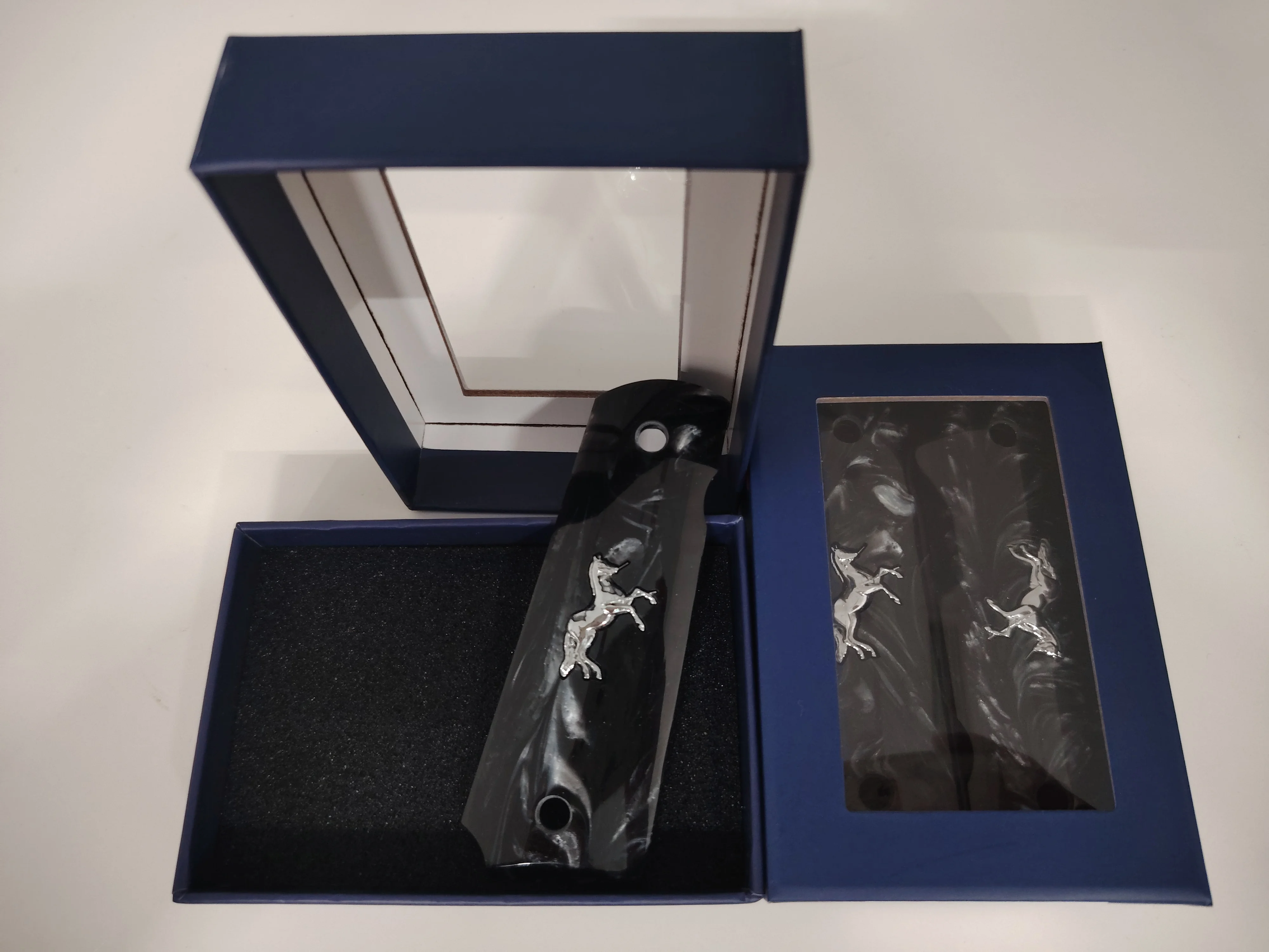 1911 Grips Full Size, zwarte parelmoer met zilveren paard, geschikt voor Colt, Kimber, Springfield, Remington, Rock Island, Government Commander