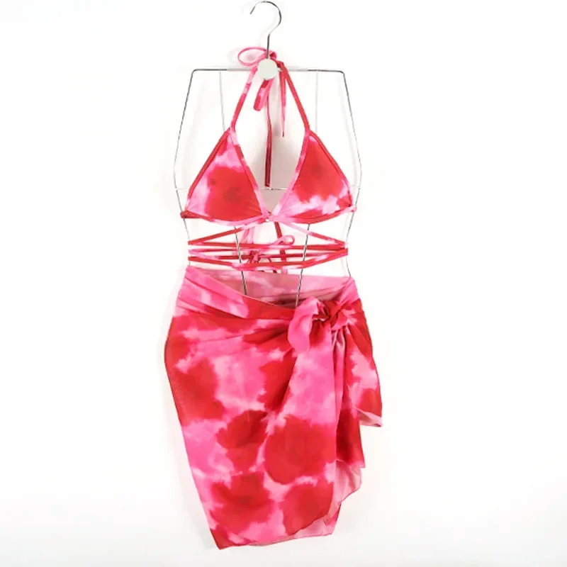Sexy Tie-Dye Print Bikini Badpak Driedelige Set voor Vrouwen Hot Spring Badpak Modieuze Knoop Touw Cover up