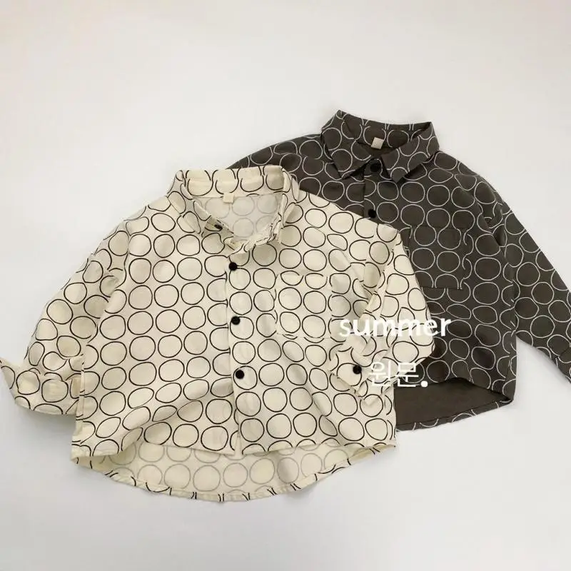 

Новинка осени 2024, детские рубашки с длинными рукавами, модные повседневные рубашки с круглым принтом для мальчиков, хлопковые рубашки с лацканами для девочек, пальто, детская одежда