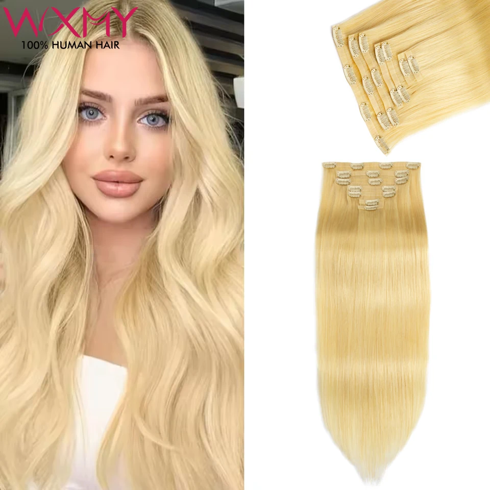 شقراء مستقيم الشعر بولي Clip كليب في الشعر التمديد الشعر البشري 12-24 بوصة 100% تمديدات شعر ريمي 7 قطعة سلس الجلد لحمة كليب على