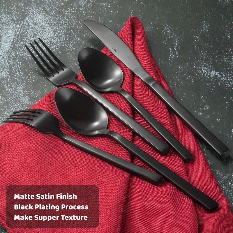 Cube Black 20-Piece Forged Silverware Set Stainless Steel Flatware Set,Service for 4,Matte Satin Polished Cutlery Set