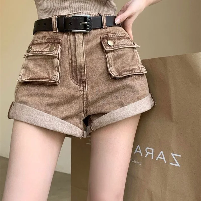 

Retro Women Pockets OL Shorts High Waist Denim New Summer 2023 Office Lady Night Club Mujer Streetwear Casual Party