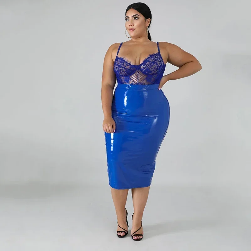 Hohe Taille Faux Latex Röcke Frauen plus Größe Pu Leder Midi Röcke zurück Reiß verschluss Damen Bodycon Stretch Rock Saum Split 7xl benutzer definierte