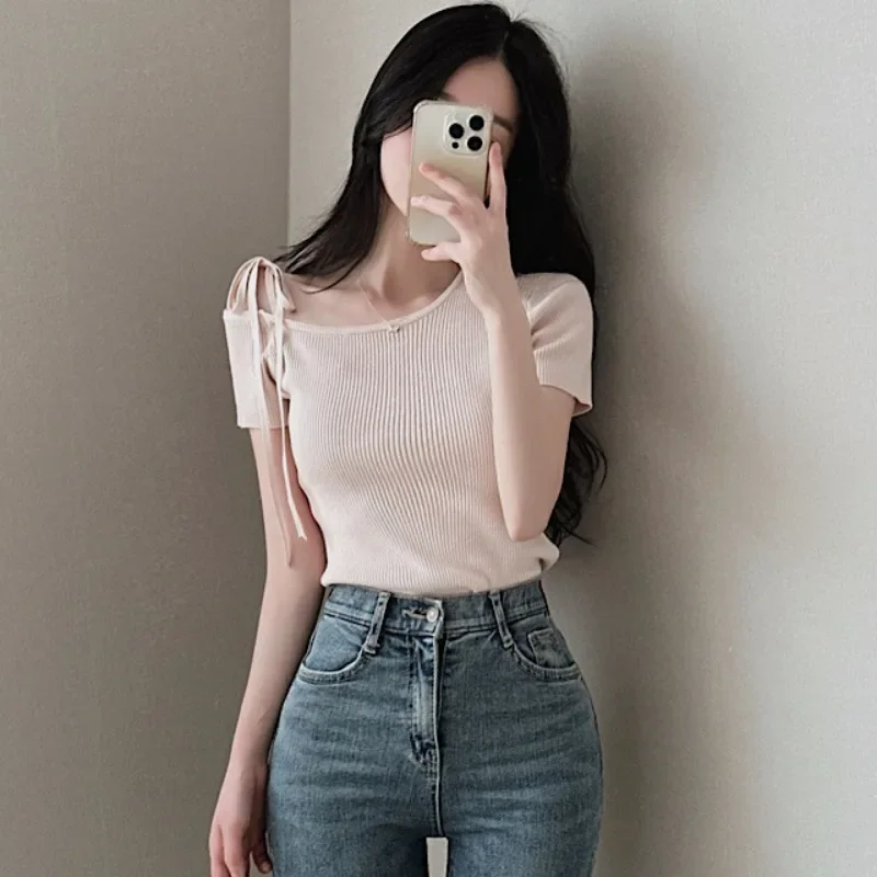 Feminino Sexy Off Shoulder Ropa Mujer Short Sleeve Camisetas Lace-up Bow Women 2024 Tops Summer T Shirt Korean Elegant Tees