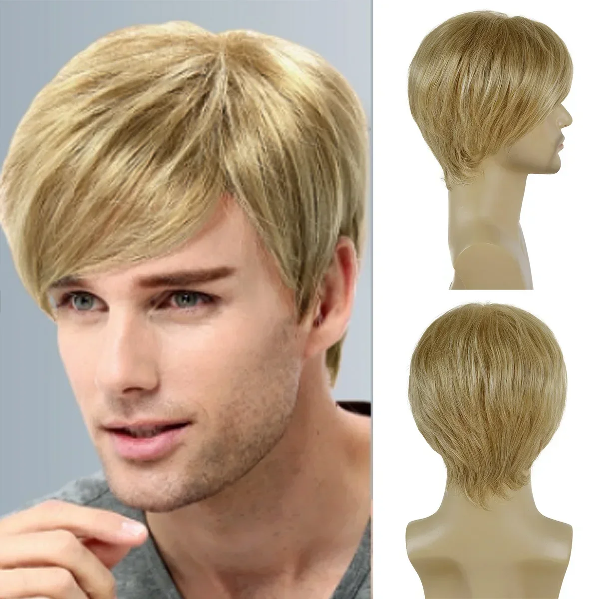 GNIMEGIL Synthetic Hair Blonde Wigs for Men Short Haircuts Cosplay Wigs with Bangs Golden Blond Clearance Sale Cheap Wig Male