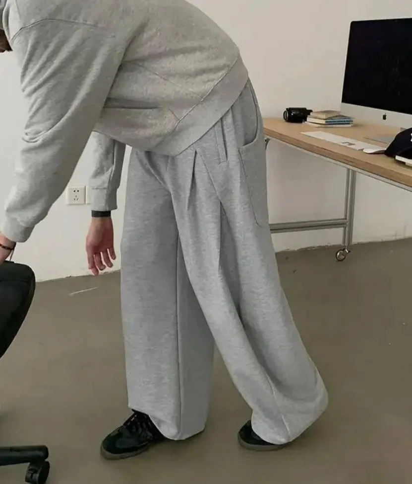 New Simple Men's Sweatpants Solid Color Elastic Waist Deconstruction Casual Pleated Design Wide Leg Autumn Male Pants