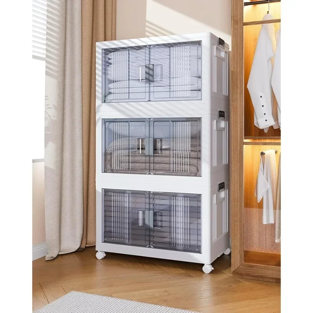 

Storage Bins With Lids - Folding Storage Box With Doors And Wheels, Collapsible Plastic Storage Bins For Closets