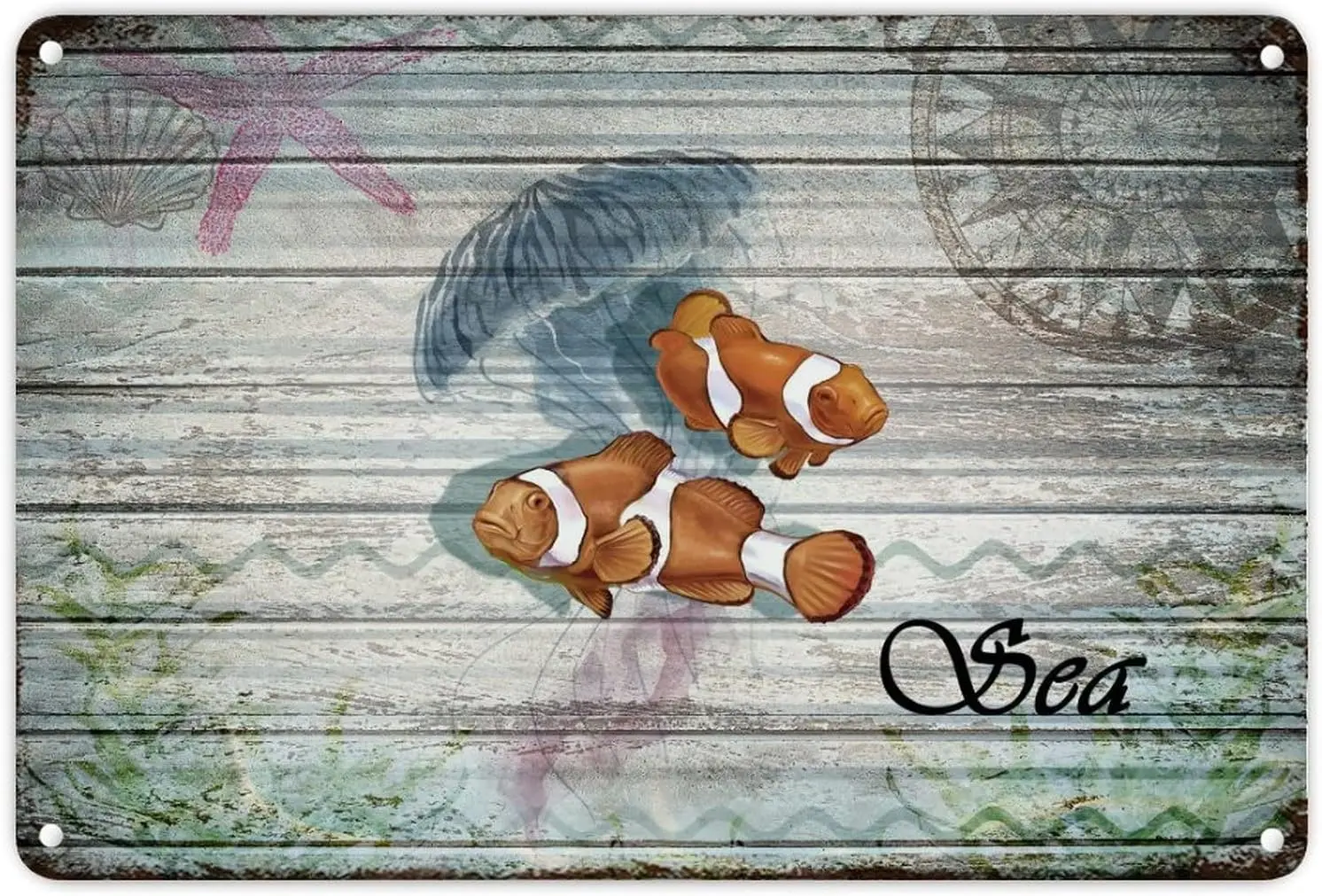Jellyfish Coral Fish on The Wood Board Retro Metal Tin Sign Vintage Aluminum Sign Sea Ocean Life Coastal Beach Tropical Theme Me