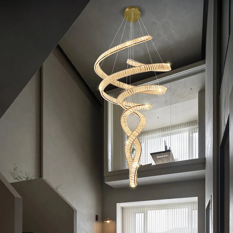 Modern Light Luxury Duplex Villa Living Room Crystal Chandelier Hotel Duplex Hall Hollow Staircase Long Luxury Chandelier