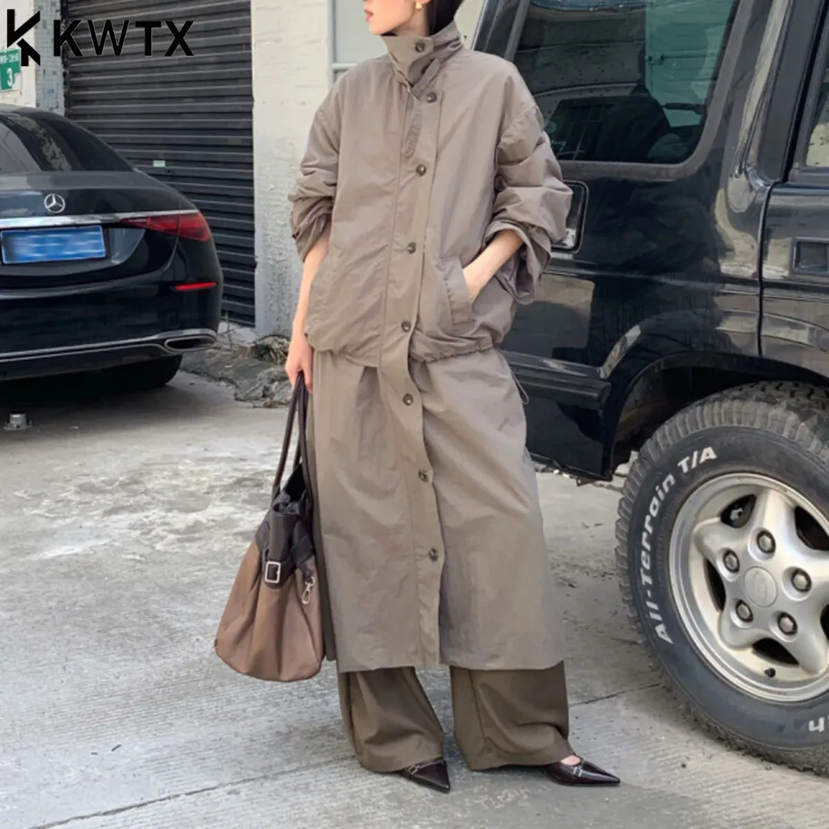 

KWTX 2025 Autumn New Women’s Trench Coat Stand Collar Longline Drawstring Pockets Chic Casual Luxe Spring Fashion Outerwear