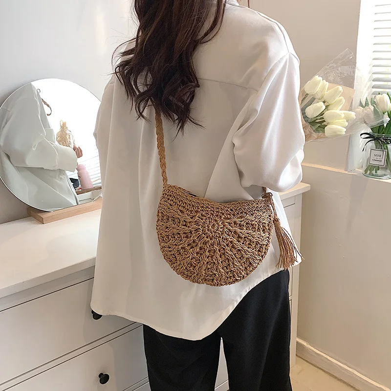 Mode Halbkreis Stroh Gewebt Schulter Umhängetasche Reise Kleine Handtasche Damen Sommer Handgemachte Rattan Quaste Design Strand Tasche – Detail 13