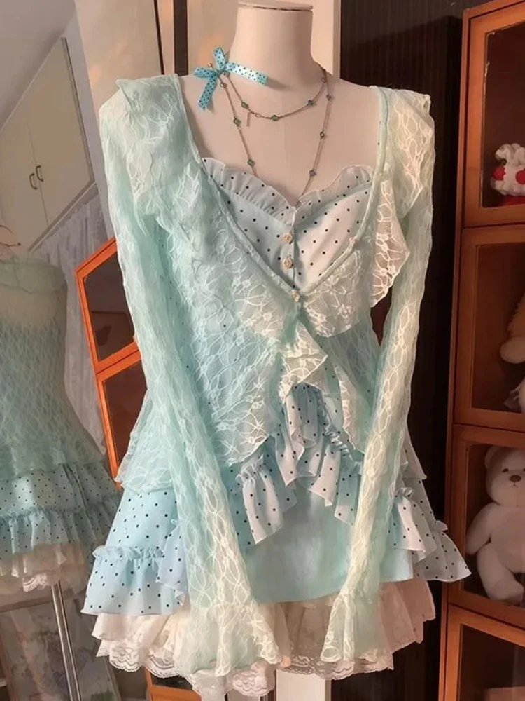 

Japanese Sweet Vintage Lace 3 Piece Set Polka Dot Vest + Sheer Lace Cardigan + Fluffy Skirt New Harajuku Chic Lovely Suit Spring