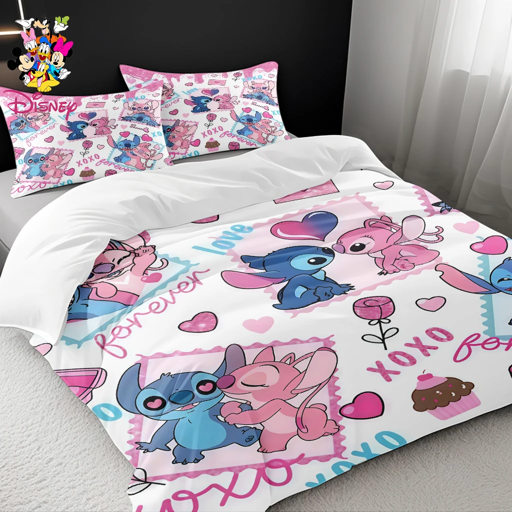 طقم غطاء لحاف ديزني ستيتش 2/3 قطعة بدون حشو، موضوع قلب للزوجين مناسب لغرف النوم العائلية وغرف الضيوف، للاستخدام في جميع المواسم