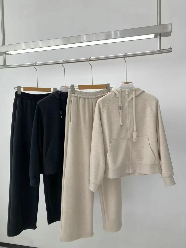 

Autumn Women's Beaded Pants Suit Long Sleeve Zipper Hooded Jacket or Elastic Waist Straight Wide Leg Pants Loose Ladies Set