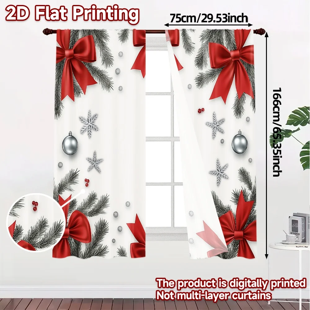 2pcs,Curtains Christmas Bow Ornament Garland Snowflake (3) Light Filtering Popular Curtains Durable 100% Polyester Fabric