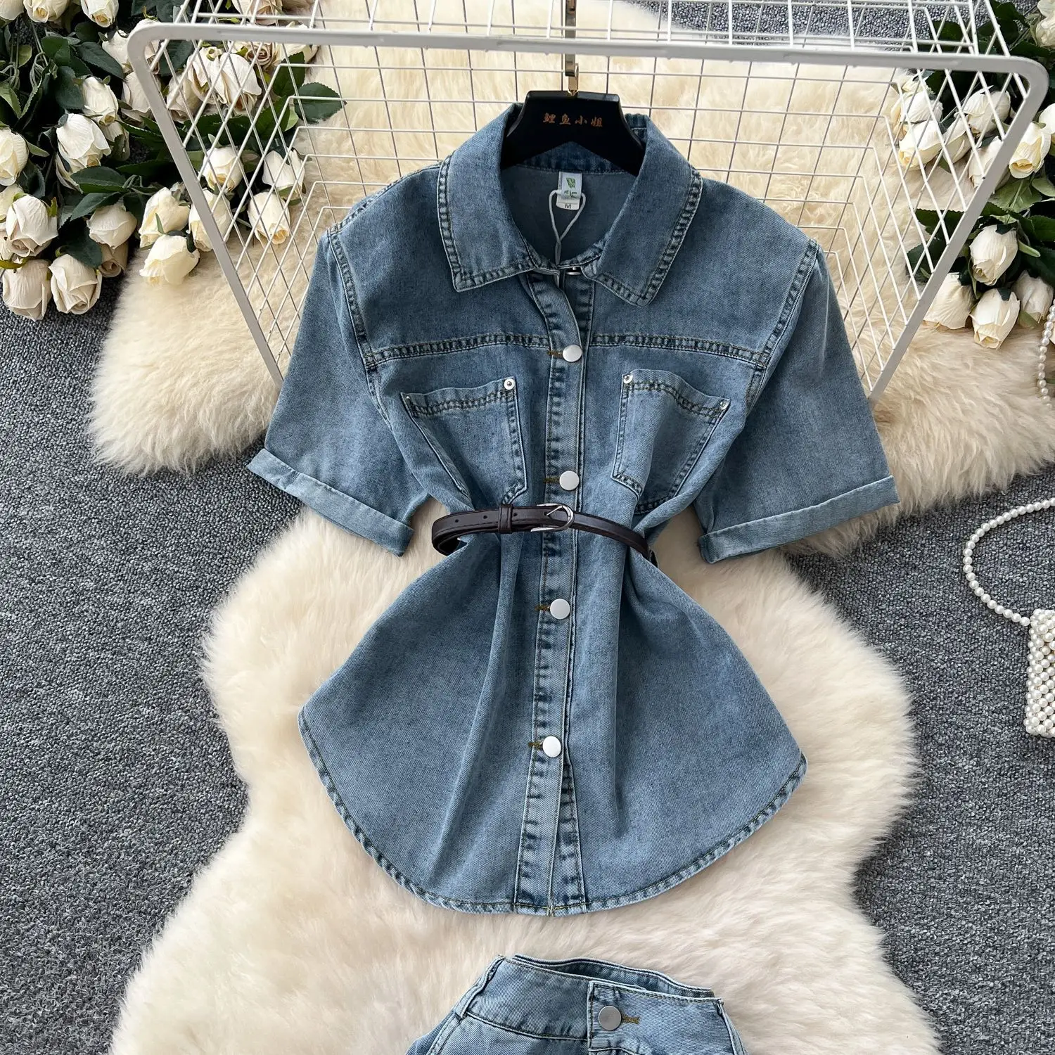 프렌치 라이트 성숙한 스타일의 스트랩 허리 짧은 소매 데님 탑 여성용 하이웨이스트 스플릿 힙 스커트 여름 투피스 세트