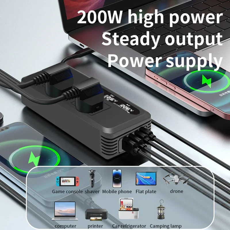 

Car power inverter 200W, 2 Type-C ports and 2 USB ports, plug-in voltage converter, portable fast charging power supply stable