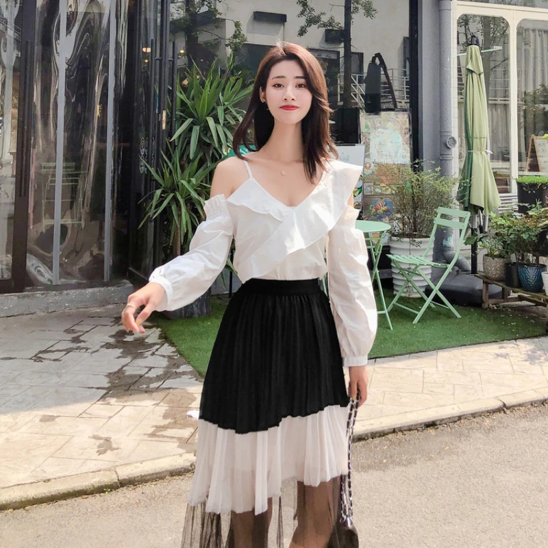 Blouses Women Long Sleeve Shirts Hot-Sweet Korean Style Students Solid Off Shoulder All-match Fashion Tender Elegant Temperament