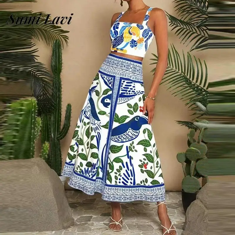 

Women Fashion Temperament Print Beach Outfits Elegant Hight Waist 2Pc Party Suit Sexy Off Shoulder Sling Tops and Long Skirt Set