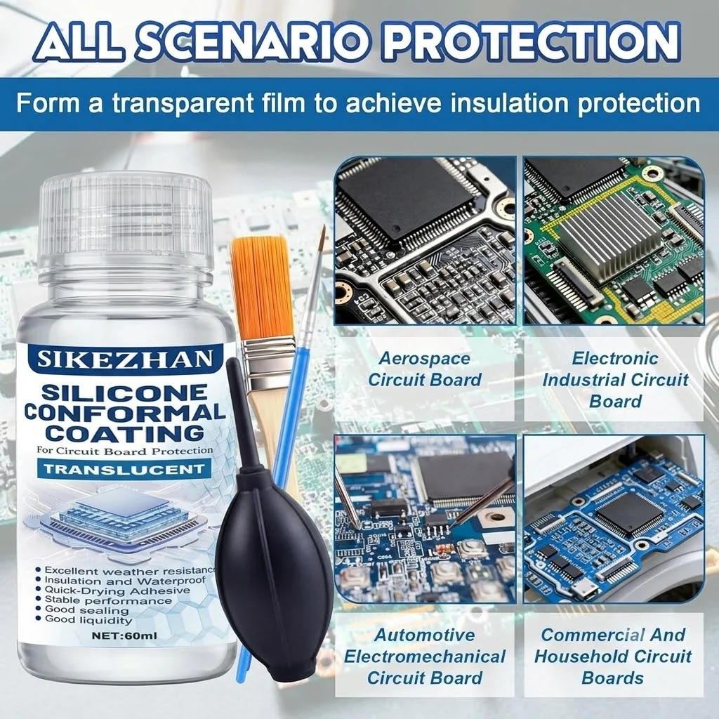SIKEZHAN 60ml PCB Conformal Silicone Coating Translucent Waterproof Circuit Board Protective Clear Liquid Kit with Brush