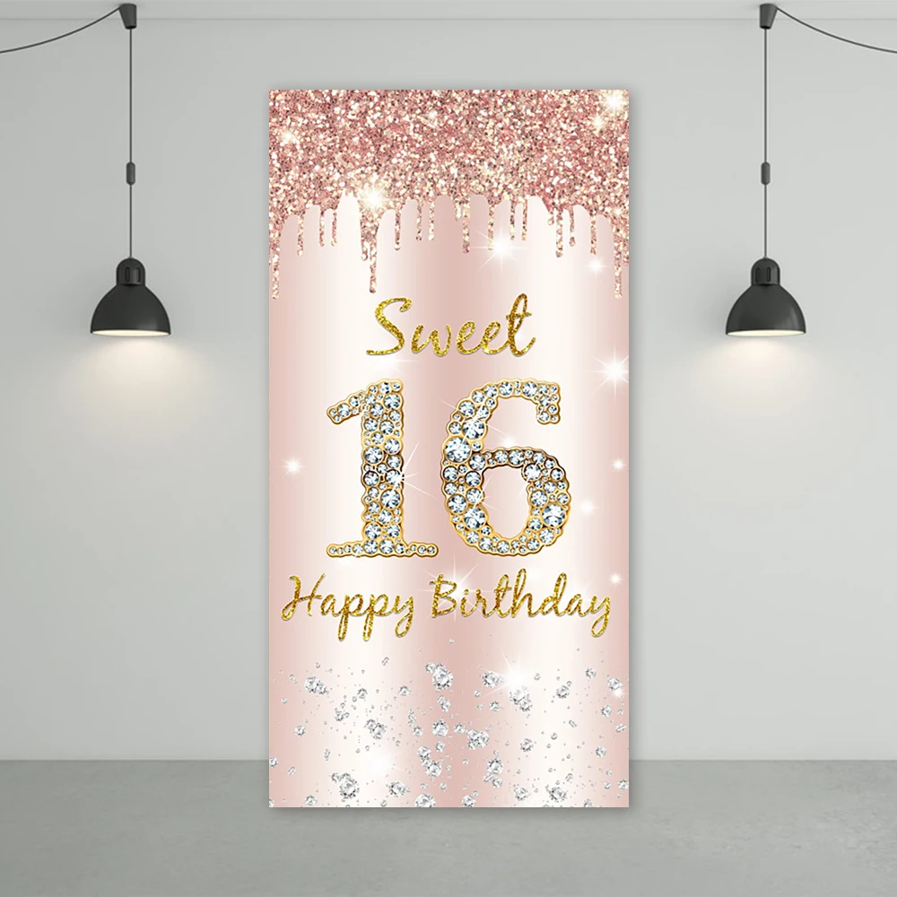 

Sweet 16 Backdrop Pink Gold 16th BIrthday Party Decorations Door Banner for Girls 16 Years Sweet Sixteen Custom Photo Background