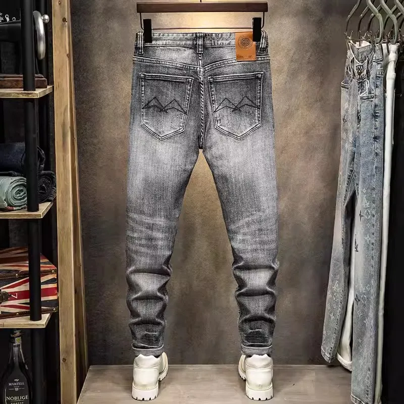 Jeans de fenda Slim Fit elástico retrô de alta qualidade masculino, calça jeans cinza escuro, designer de moda