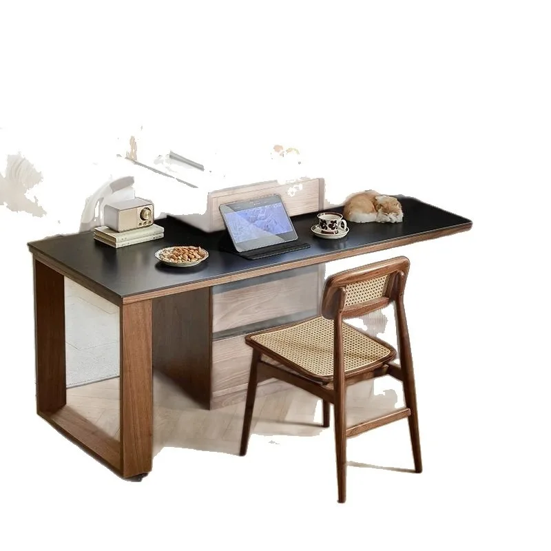 High-end new Chinese cherry wood countertop dining table retractable and rotatable storage rock slab finish is fully equipped