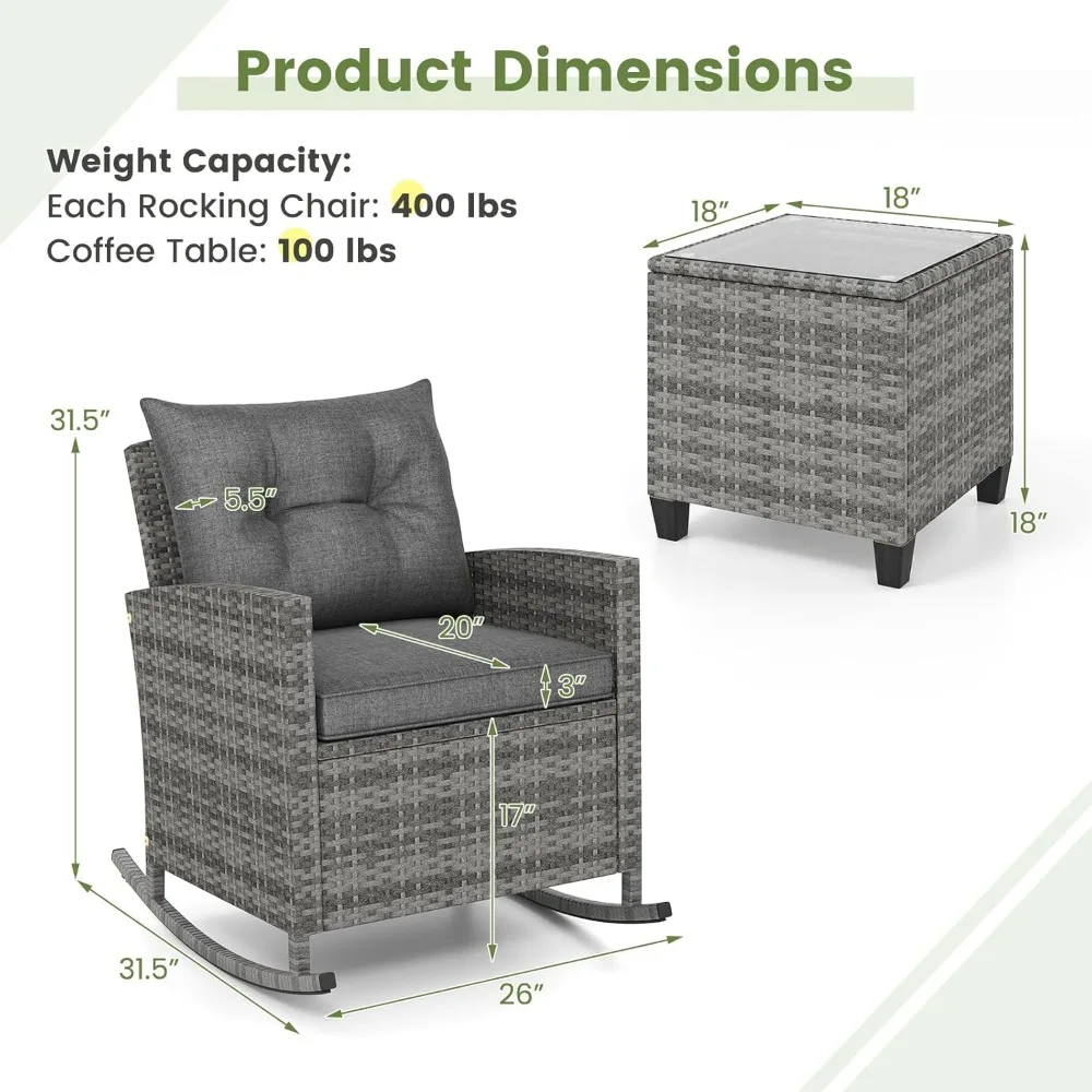 3-Piece Outdoor Wicker Rocking Chair Set with Cushions and Glass Top Coffee Table