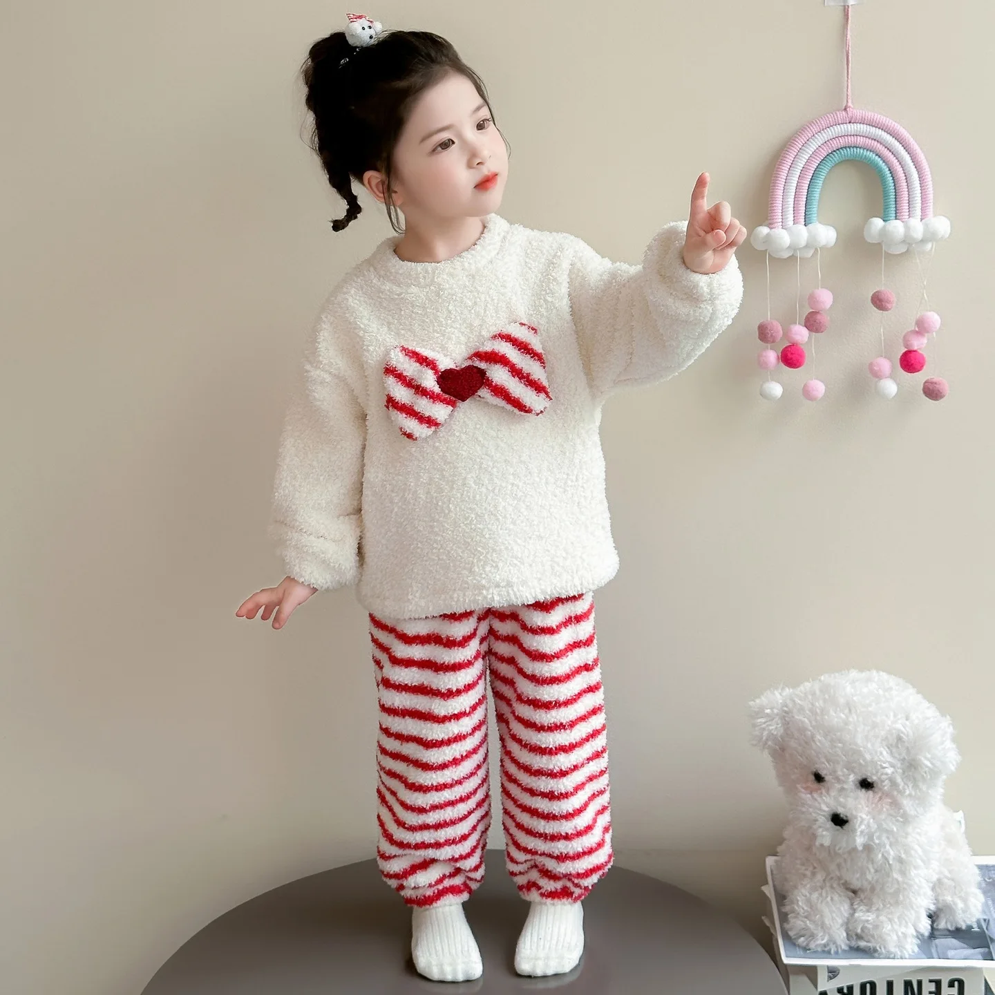 

Baby Girl Pajama Sets New Winter Bow Coral Velvet Kids Girls Tops+red Striped Warm Toddler Girls Jogger Pant Loungewear Suit