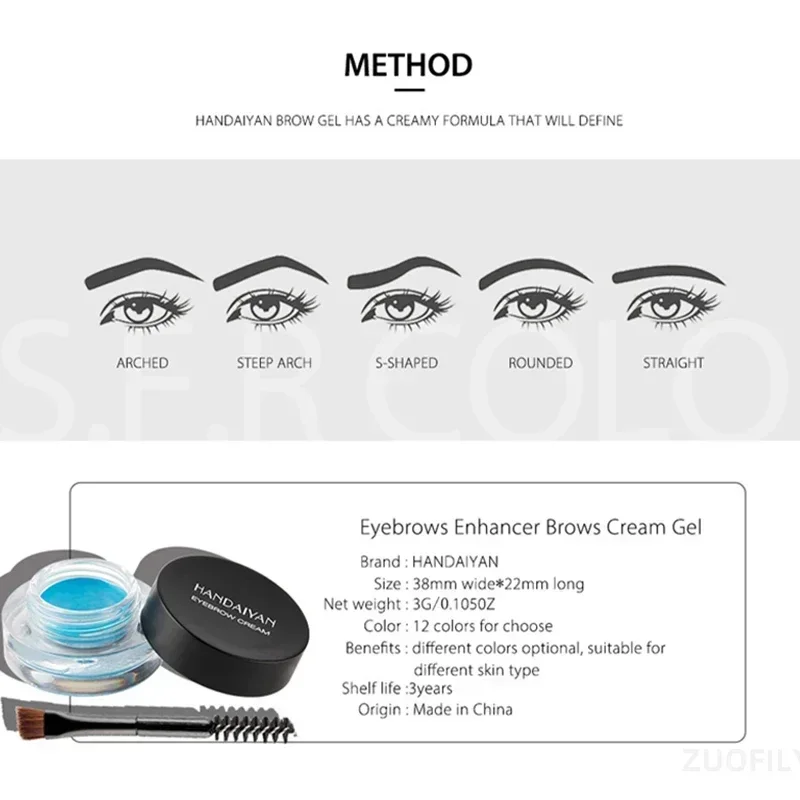 12 Colors Eyebrow Gel Red Brown Eyebrow Styling Cream Waterproof Long Lasting No Fading Brow Makeup Cosmetics with Eyebrow Brush
