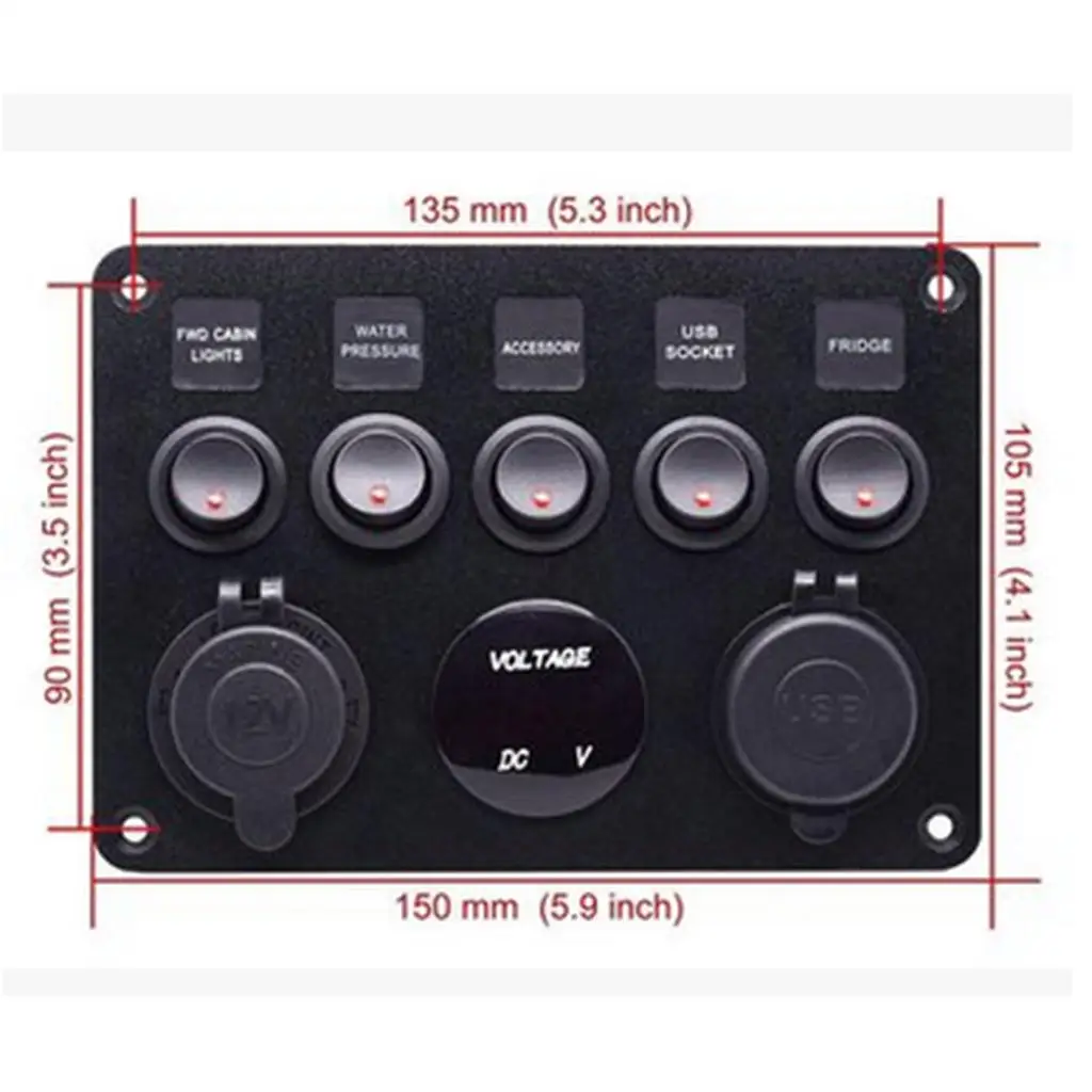 ABS Plastic 5 Gang Switch Panel USB Charger Waterproof LED Voltmeter Control Panel for Yacht Trailer Caravan Bus