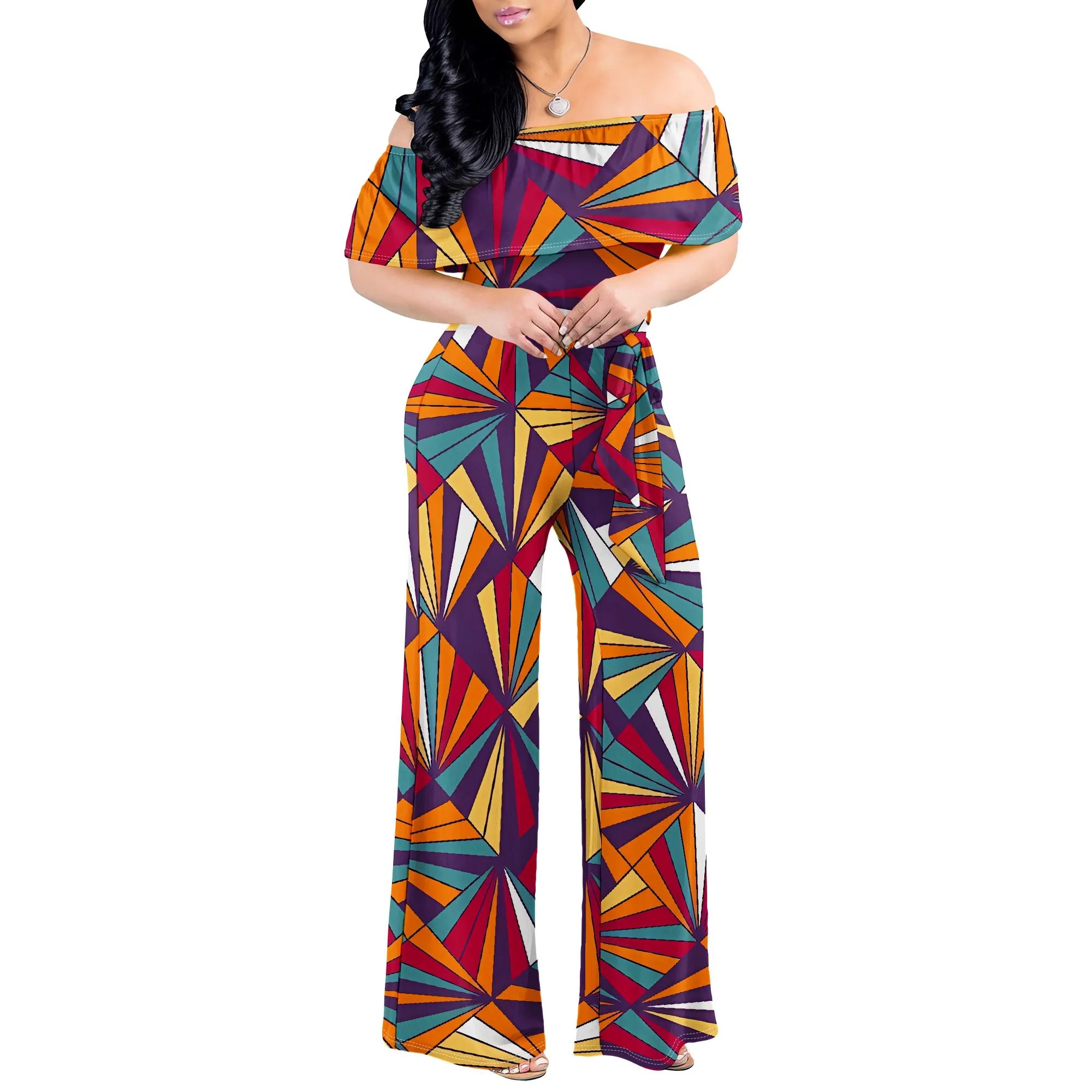 Women Off Shoulder Jumpsuit Yellow Blue Brushstroke Print Wide Leg Romper Summer Streetwear