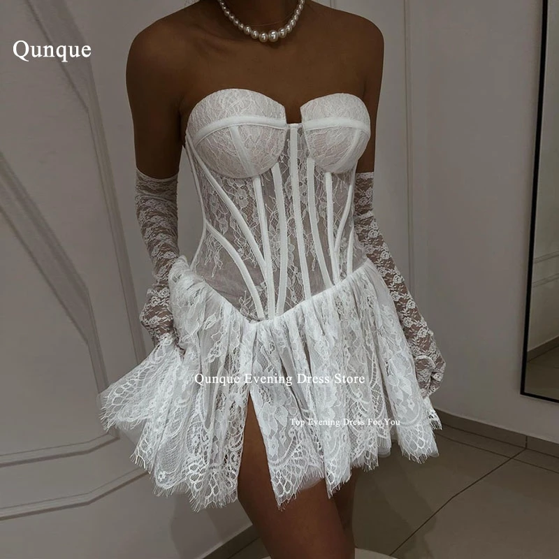 

Qunque A-line Short Sexy Wedding Dresses Sweetheart Sleeveless Women Lace Bridals Gowns With Removable Sleeves Vestidos De Novia