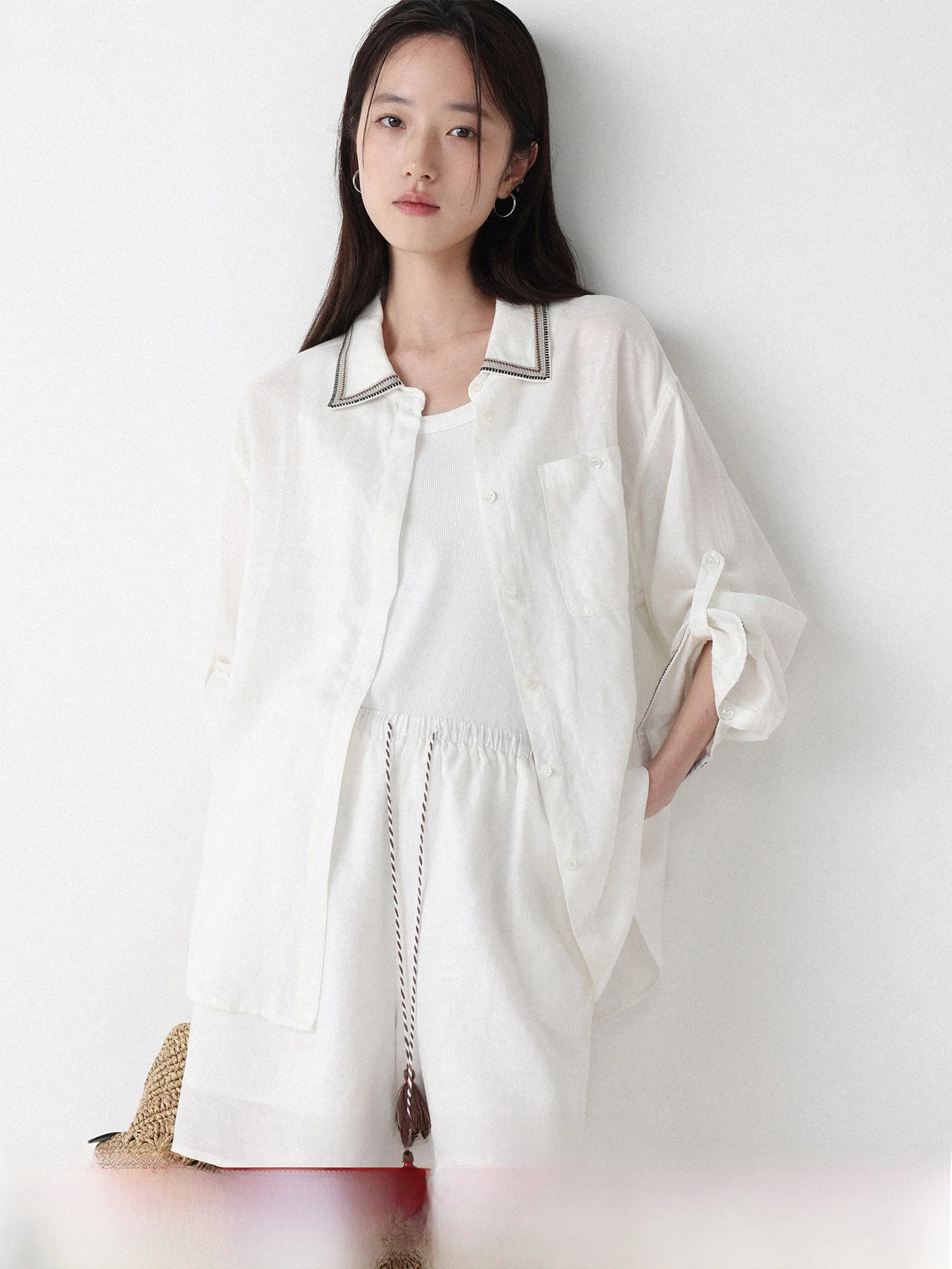 

Lowcalorie Linen Long Sleeve Shirt Drawstring Shorts Set Women's Fashion Spring Outfit Traditional Vacation Style Clothing
